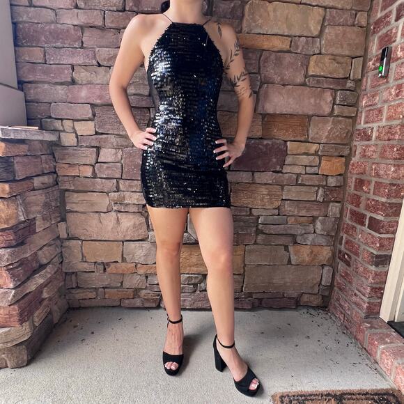 NEW NASTY GAL Vegas Baby Black Sequin Bodycon Mini Dress Sheer Sides XS - Picture 1 of 13